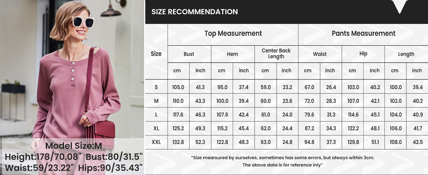 Ekouaer Pajamas Women's Waffle Knit Sleepwear Long Sleeve Top with Pants Casual Pjs Loungewear