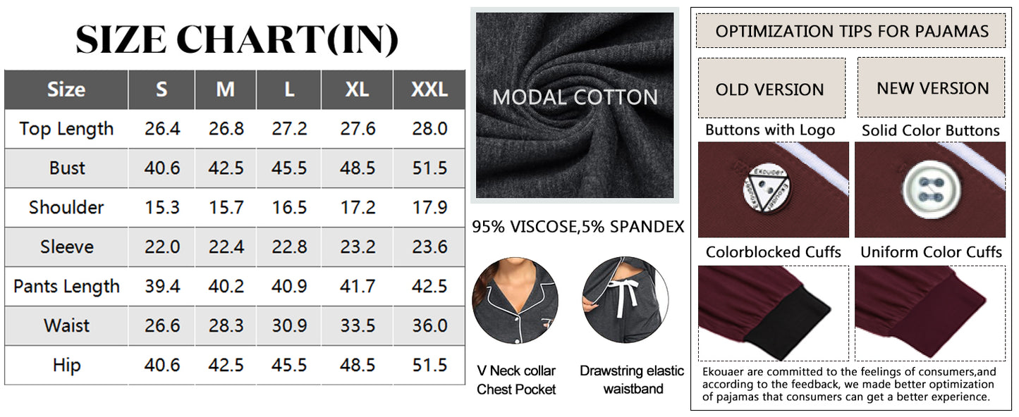 Ekouaer Pajamas Set Long Sleeve Sleepwear Womens Button Down Nightwear Soft Pj Loungewear with Pockets