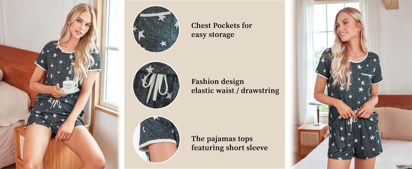 Ekouaer Womens Pajama Sets 2 Piece Soft Short Sleeve Top and Shorts Sleepwear Round Neck Pjs Lounge Set with Pockets