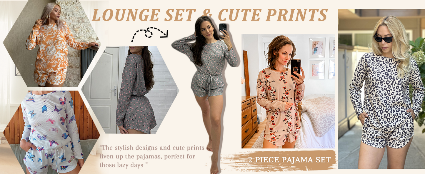 Ekouaer Waffle Knit Pajama Sets for Women Solid Lounge Sets Long Sleeve Top and Shorts Pjs