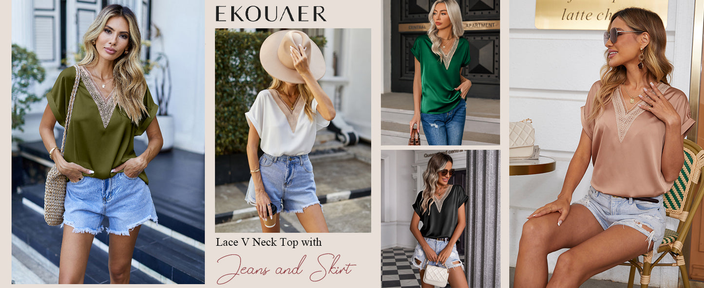 Ekouaer Silk Pajamas Set Womens Lace V Neck Loungewear Short Sleeve Satin Shirt with Long Pant Silky Pjs