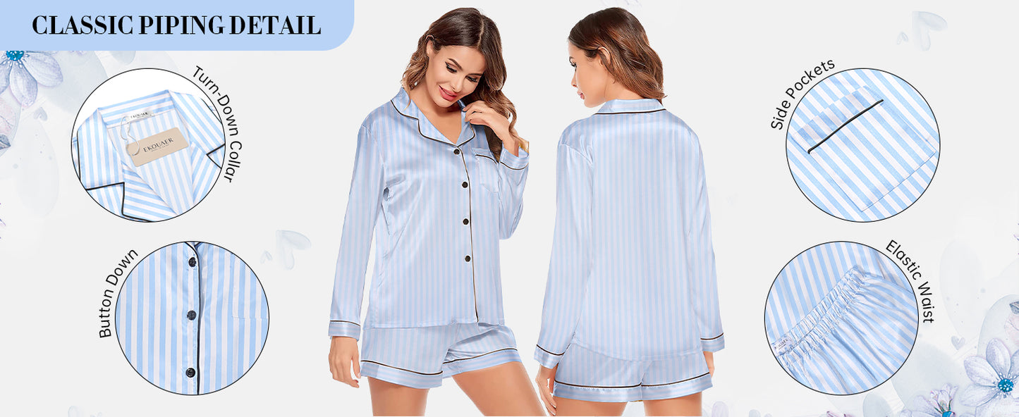 Ekouaer Satin Pajama Set for Women Button Down Pj Set Long Sleeve Top and Shorts 2 Piece Loungewear Summer Soft Sleepwear