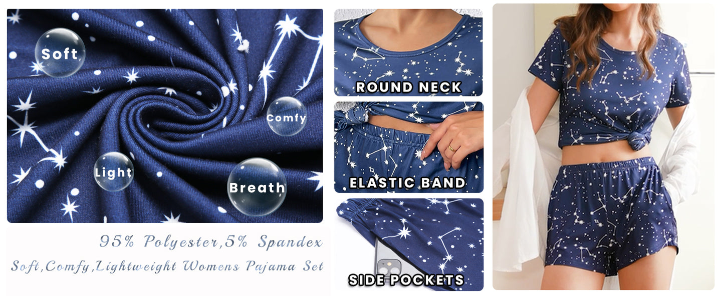 Ekouaer Women's Pajama Sets Short Sleeve Pjs 2 Piece Top and Shorts Sleepwear Comfy Soft Lounge Sets with Pockets