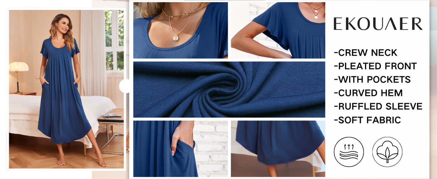 Ekouaer Long Nightgowns for Women with Pockets Short Sleeves Moo Moos for Women Casual Maxi Dress House Dresses Star Print XXXL