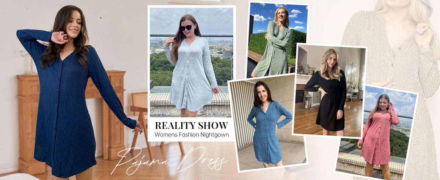 Ekouaer Nightgowns for Women Button Down Night Shirt Long Sleeve Ribbed Knit V-Neck Sleepwear Pajama Dress