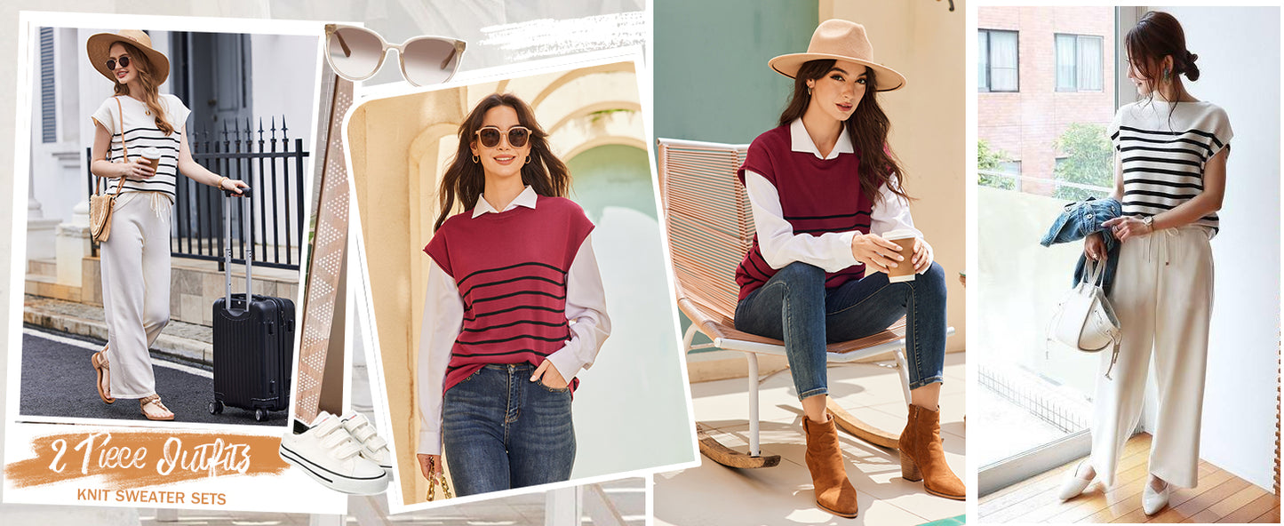 Ekouaer Striped Lounge Set 2 Piece Sweater Matching Outfits Travel Knit Clothing Sets for Women