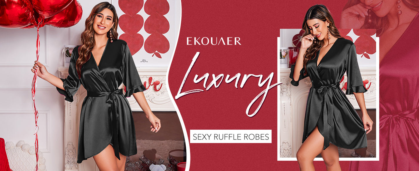 Ekouaer Women's Satin Robe Valentines Lingerie for Women Bathrobe Short Ruffle Belted Robes Bridesmaids Sleepwear