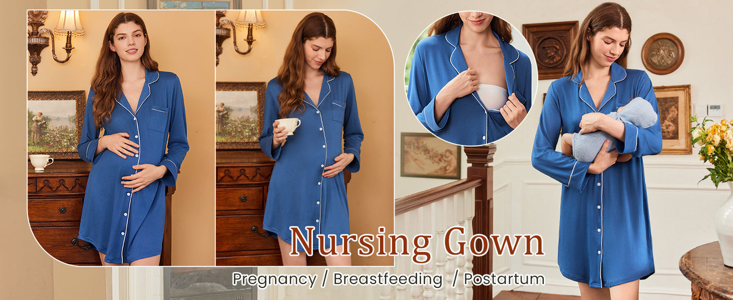 Ekouaer Nightgowns for Women Long Sleeve Nightshirt Button Down Sleepshirt Nightdress Boyfriend Sleepwear