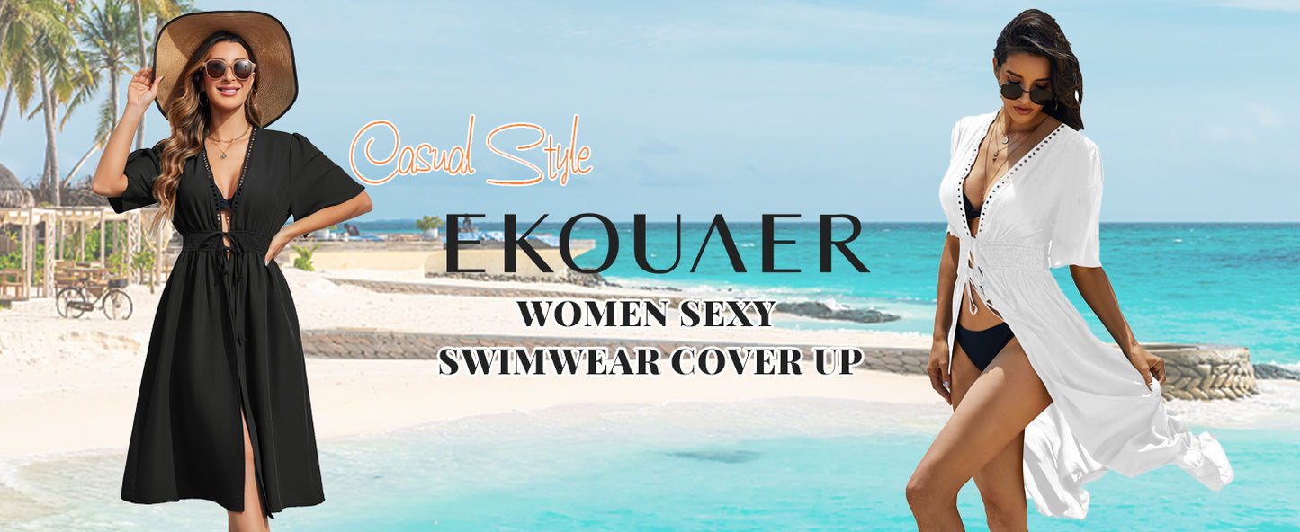 Ekouaer Women's Swimwear Cover Ups Open Front Beach Bikini Swimsuit  Cardigan Cover Up Long Flowy Beachwear