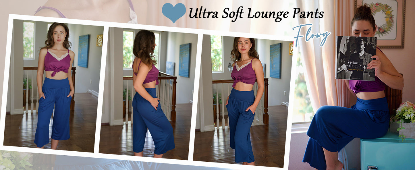 Ekouaer Womens Pajama Pants Wide Leg Capri Yoga Pants Lounge Comfy Sleep Pj Bottoms with Pockets