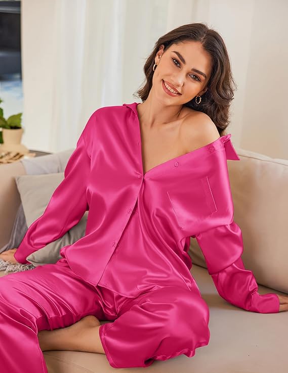 Ekouaer Womens Satin Silky Pajama Set 2 Piece Print PJs Soft Loungewear Button Down Sleepwear with Elastic Waist Long Pants
