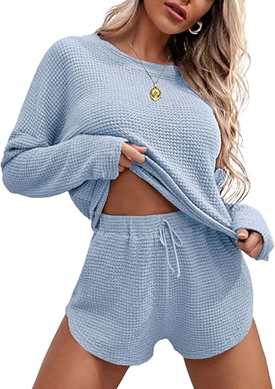 Ekouaer Womens Waffle Knit Pajama Sets Long Sleeve Top and Shorts Matching Lounge Set Loungewear Sweatsuit with Pockets