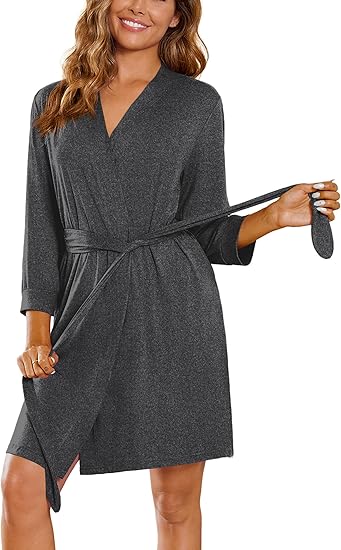 Ekouaer Women??s Robes Lightweight 3/4 Sleeve Short Knit Bathrobe Soft Knee Length Sleepwear Robes with Pockets