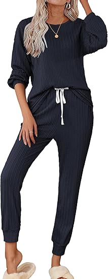 Ekouaer Womens Pajamas Set Ribbed Knit Long Sleeve Pullover Top Jogger Pants Set 2 Piece Lounge Set Sleepwear Tracksuit