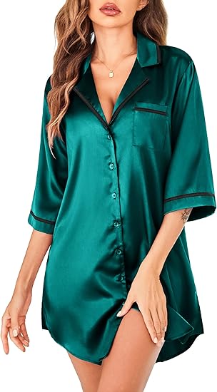 Ekouaer Women's Satin Nightshirt Button Down Nightgown 3/4 Sleeve Sleeptshirt with Pockets V Neck Boyfriend Sleepwear