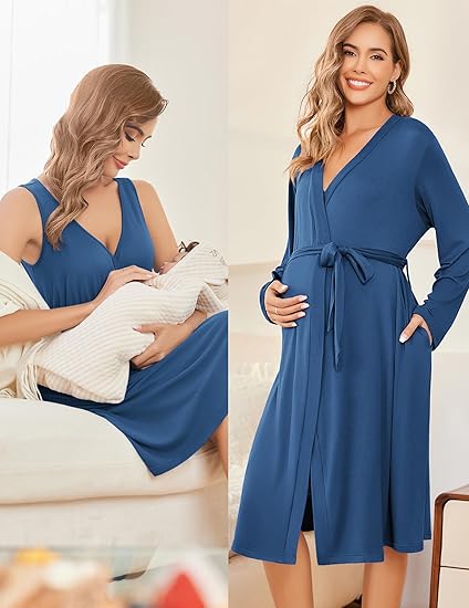 Ekouaer Maternity Nursing Gown and Robe Set Labor Delivery Nursing Nightgowns for Breastfeeding Pregnancy Clothes