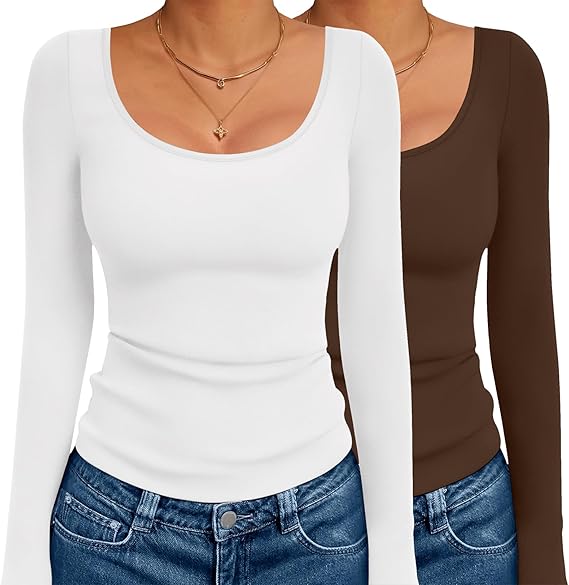 Ekouaer 2 Pack Long Sleeve Shirts for Womens Scoop Neck Tops Slim Fit Undershirts Basic Thermal Tee Shirt