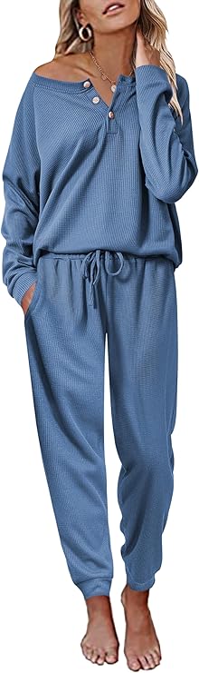 Ekouaer Pajamas Women's Waffle Knit Sleepwear Long Sleeve Top with Pants Casual Pjs Loungewear