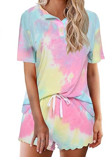 Ekouaer Tie Dye Pajamas Set Womens Loungewear Sleepwear 2 Piece PJ Sets