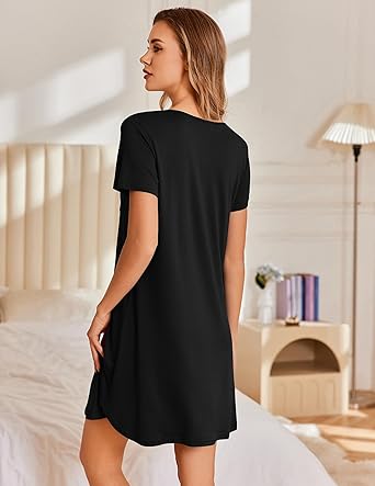 Ekouaer Nightgowns for Women Pleated Sleep Shirts Short Sleeve Night Shirts Lace Trim Night Gown Ladies Sleep Dress