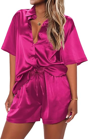 Ekouaer Pajamas for Women Silk Satin Pjs Soft Sleepwear Short Sleeve Button Down Pjs Top and Shorts 2 Piece Lounge Set