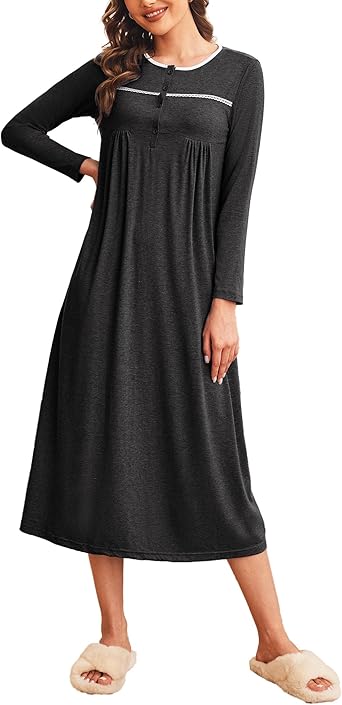 Ekouaer Women Long Sleeve Nightgowns Soft Henley Sleepshirts Full Length Sleep Dress