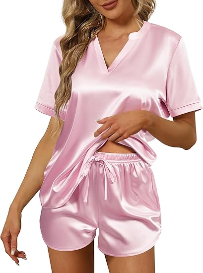 Ekouaer Silk Pajamas for Women Short Sleeve Satin Sleepwear Two-piece Pjs Set Soft V Neck Loungewear