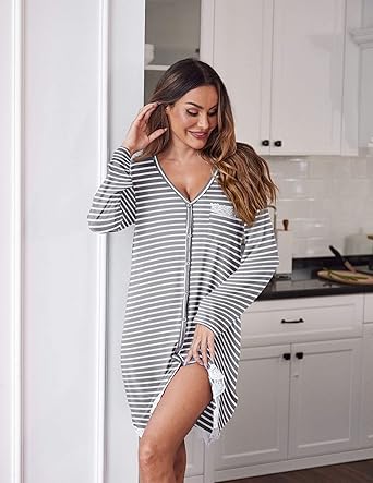 Ekouaer Women Striped Nightgowns Long Sleeve Button Down Sleepshirts Comfy Sleep Shirt