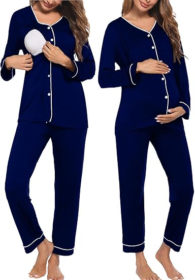 Ekouaer Maternity Pajama Set Button Down Nursing Pajamas Long Sleeve Breastfeeding Loungewear with Adjustable Pants