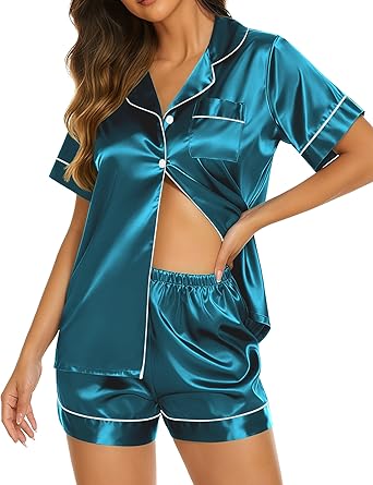 Ekouaer Silk Pajamas for Women Short Sleeve Sleepwear Soft Button Down Loungewear 2 Piece Satin Pjs Shorts Set S-XXL