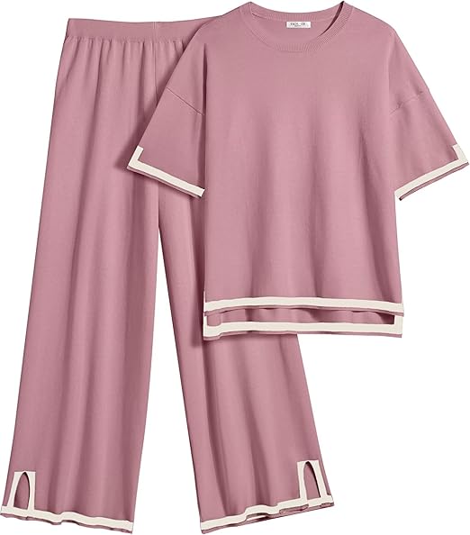 Ekouaer Lounge Set for Women Travel Outfits 2 Piece Sets Short Sleeve Sweater Top Wide Leg Long Pants Loungewear