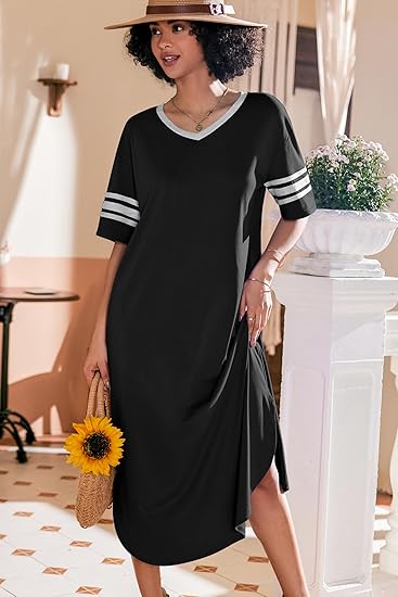 Ekouaer Long Nightgown, Womens V Neck Loungewear Oversized Sleepwear Loose Sleep Dress
