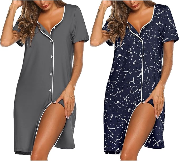 Ekouaer Nightgowns for Women 2 Pack Button Down Sleepshirt Short Sleeve Nightshirt Soft Sleepwear V Neck Pajama Dress