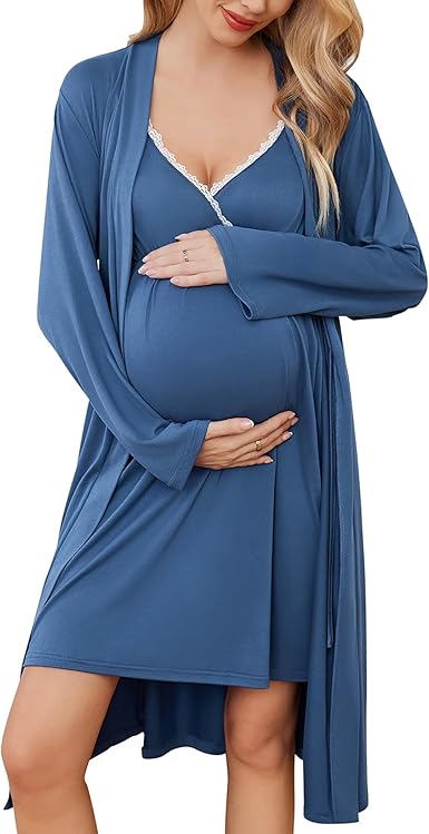 Ekouaer Women's Nursing Nightgown Maternity Nightgowns for Breastfeeding Postpartum Nightgown and Robe Pregnancy Clothes Navy Blue M