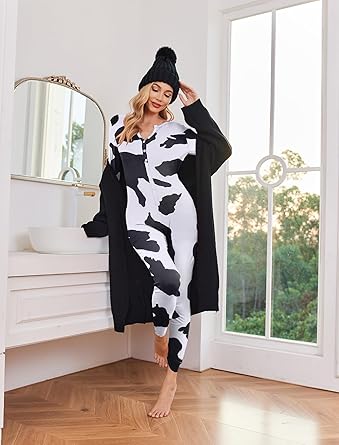 Ekouaer Womens Onesie Adult Button One Piece Pajama Long Sleeve Onesie Pajamas Jumpsuit Sleepwear for Women