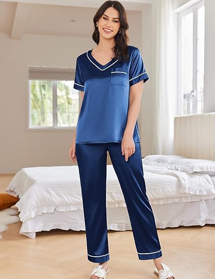 Ekouaer Satin Pajamas for Women Short Sleeve Silk Pajama Sets Soft Sleepwear Top with Causal Long Pj Pant