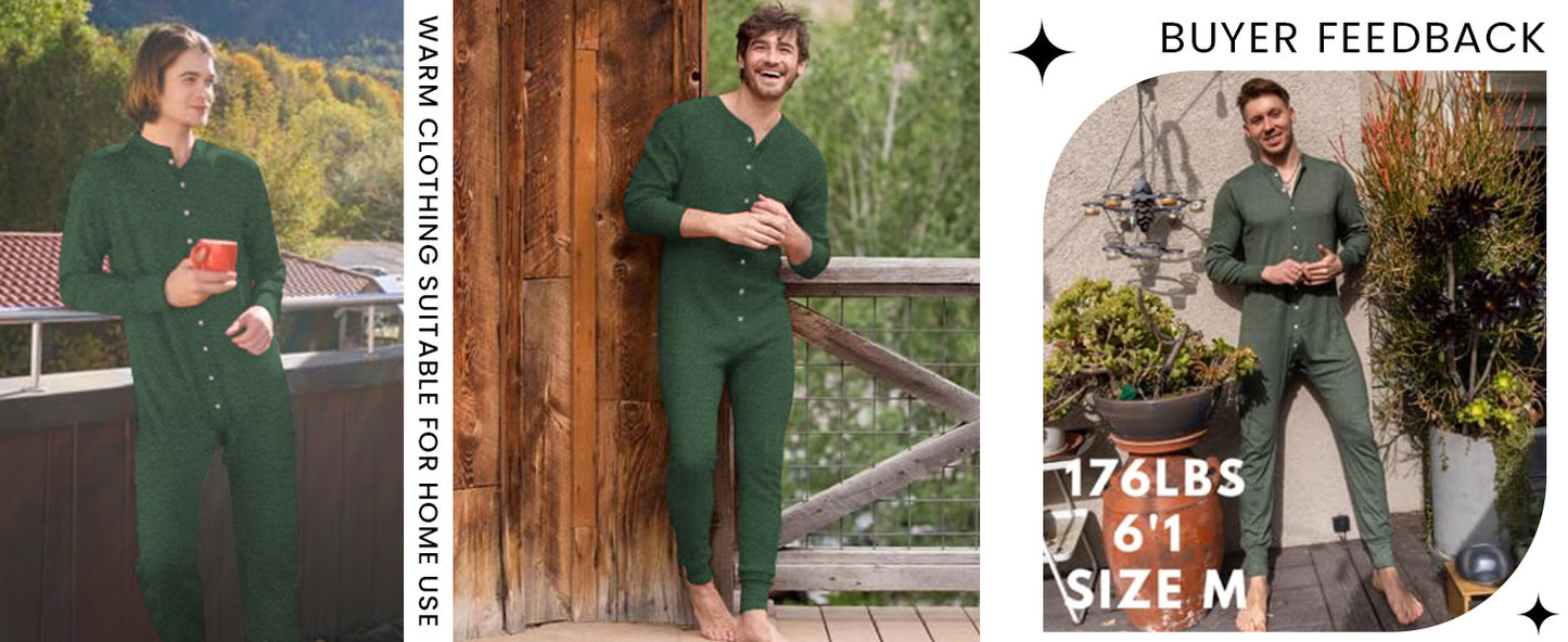 Ekouaer Men's One Piece Pajama Thermal Full Button Union Suit Long Sleeve Onesie with Button Flap