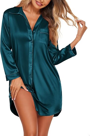 Ekouaer Satin Nightgowns for Women Button Down Sleep Shirt Silk Night Shirt Long Sleeve Boyfriend Sleepwear
