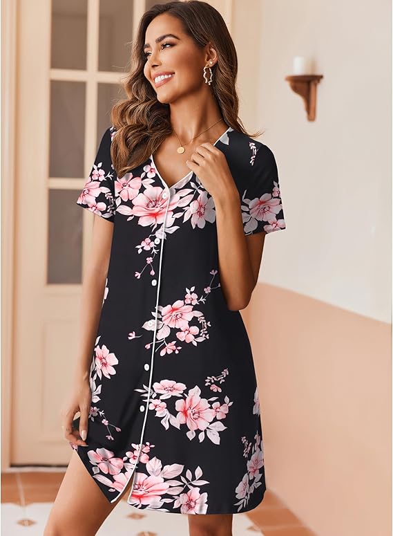 Ekouaer Nightgowns for Women 2 Pack Button Down Sleepshirt Short Sleeve Nightshirt Soft Sleepwear V Neck Pajama Dress