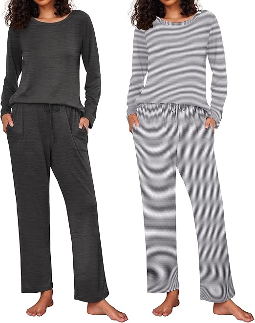 Ekouaer 2 Pack Women's Pajama Set Long Sleeve Top with Jogger Pants Lounge Sets Sleepwear Loungewear with Pockets