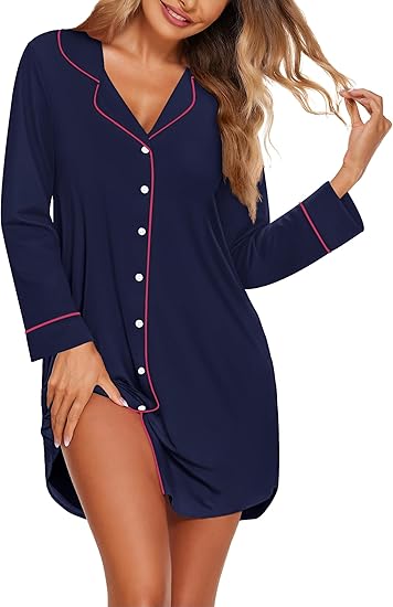 Ekouaer Women's Nightgown Long Sleeve Nightshirt Button Down Sleepshirt Boyfriend Sleepwear Pajama Dress
