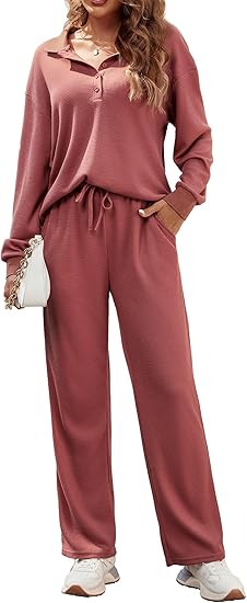 Ekouaer Womens 2 Piece Matching Lounge Sets Fall Outfits 2025 Sweatsuit Waffle Knit Pajamas Sets Long Sleeve Sweater Clothes