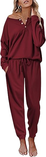 Ekouaer Pajamas Women's Waffle Knit Sleepwear Long Sleeve Top with Pants Casual Pjs Loungewear