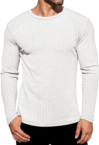Ekouaer Men's Long Sleeve Shirts Ribbed Pullover Tees Sim Fit Thermal Tops Crew Neck Stretchy Undershirts