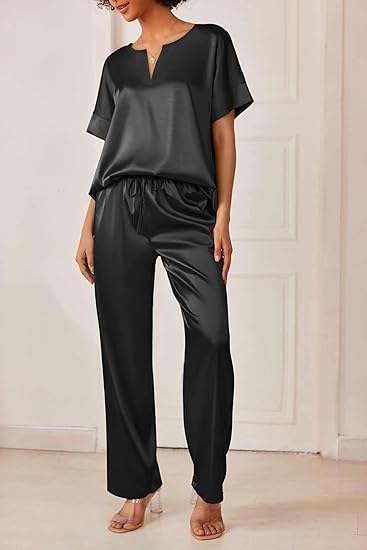 Ekouaer Satin Pajama Set Womens Silk Short Sleeve V Neck Shirt with Long Pant Soft Loungewear Pjs Set