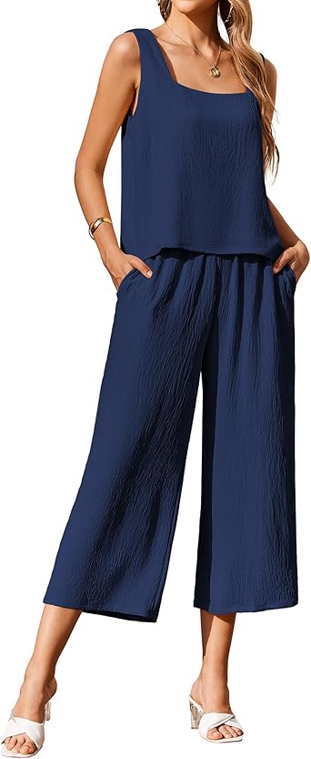 Ekouear Women's 2 Piece Outfits Sleeveless Top Capri Pants Matching Lounge Set Vacation Clothes