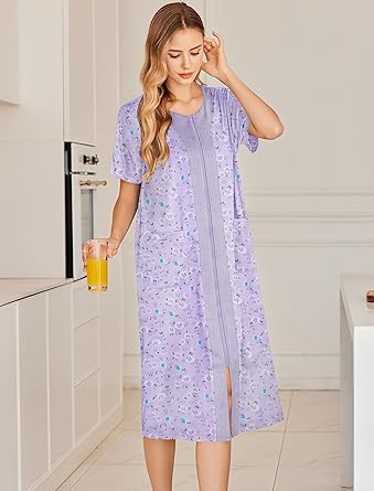 Ekouaer Robes For Women Zipper Front Bathrobe Short Sleeve House Coat Long Nightgown With Pockets Soft Loungewear