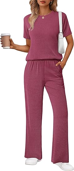 Ekouaer Lounge Sets for Women 2 Piece Matching Travel Outfits 2026 Loose Short Sleeve Top Wide Leg Pants Pockets