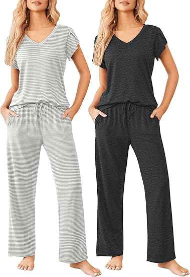 Ekouaer 2 Pack Womens Pajamas Short Sleeve Sleepwear Top with Pants Super-Soft Printed Lounge Sets