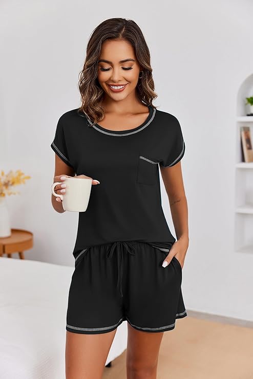 Ekouaer Womens Pajama Sets 2 Piece Soft Short Sleeve Top and Shorts Sleepwear Round Neck Pjs Lounge Set with Pockets